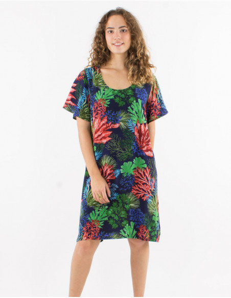 Straight dress in viscose tropical patte