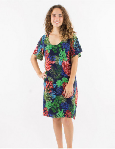 Robe droite en viscose motif tropical
