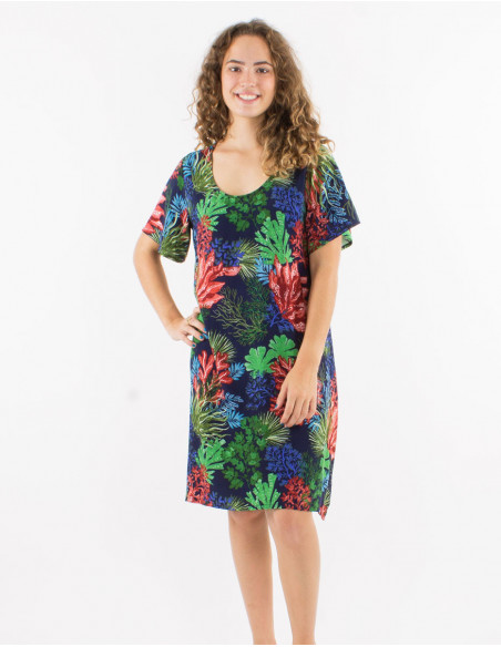 Robe droite en viscose motif tropical