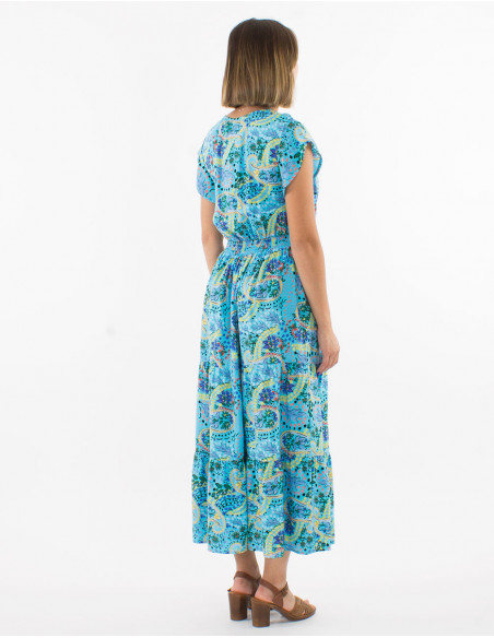 Robe midi à volants motifs boho pastels