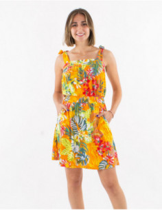 Tropical short dress with tie straps