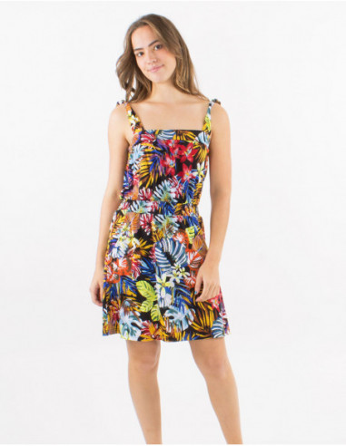 Tropical short dress with tie straps
