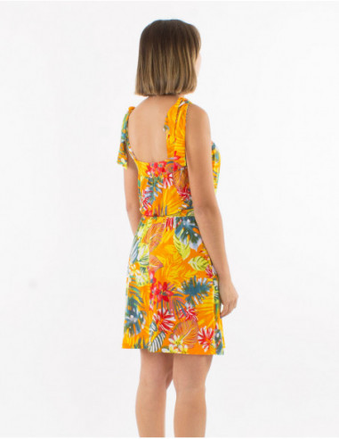 Tropical short dress with tie straps