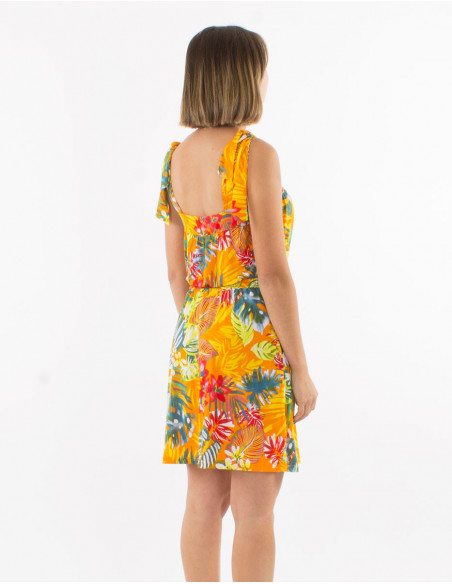 Robe courte tropicale bretelles à nouer