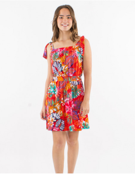 Robe courte tropicale bretelles à nouer