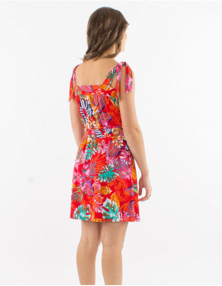 Robe courte tropicale bretelles à nouer