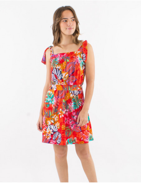 Robe courte tropicale bretelles à nouer