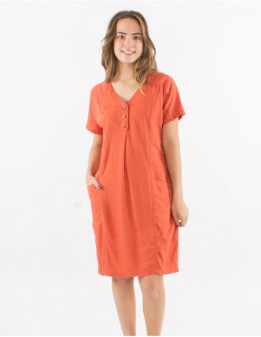 Short linen dress with spiral embroidery