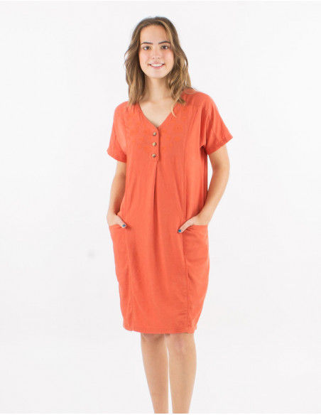 Short linen dress with spiral embroidery