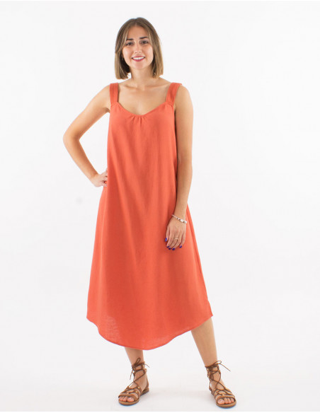 Plain linen and viscose midi dress