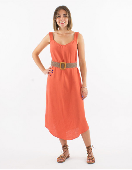 Robe midi unie en lin et viscose