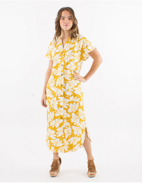 Long dress with floral print linen