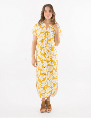 Long dress with floral print linen