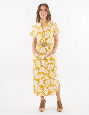 Long dress with floral print linen