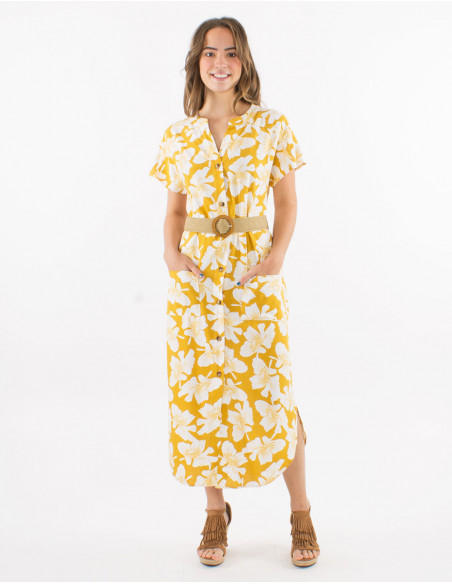 Long dress with floral print linen