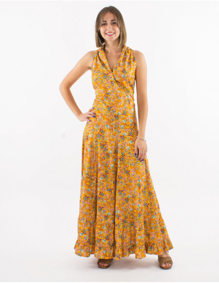 Long golden dress with draped collar