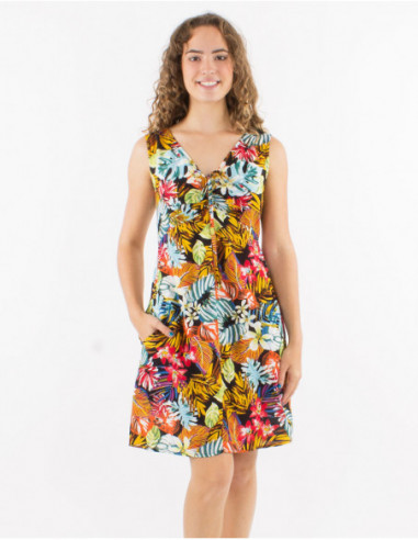 Robe courte tropicale à liens et poches