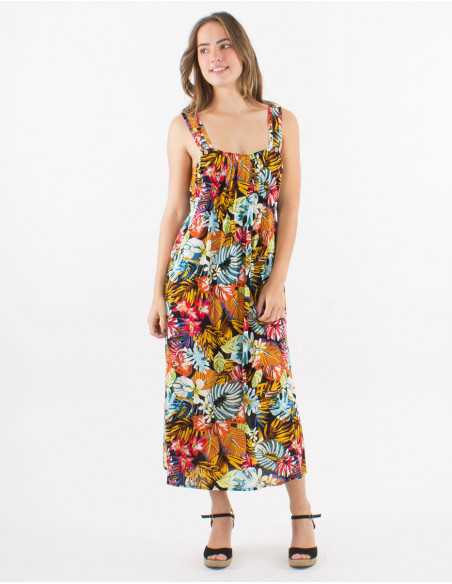 Robe midi à bretelles chic motif tropica
