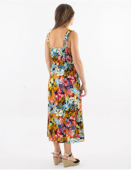 Midi dress with straps tropical pattern