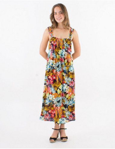 Midi dress with straps tropical pattern