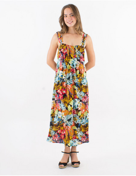 Midi dress with straps tropical pattern