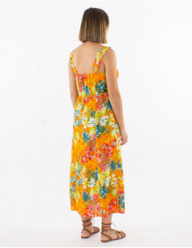 Robe midi à bretelles chic motif tropica