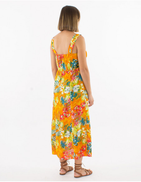 Midi dress with straps tropical pattern
