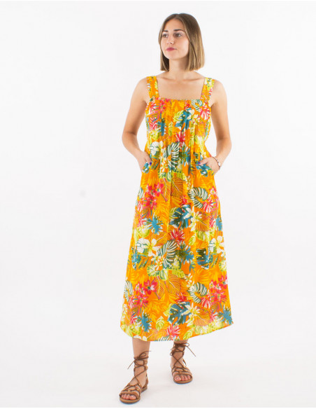 Midi dress with straps tropical pattern