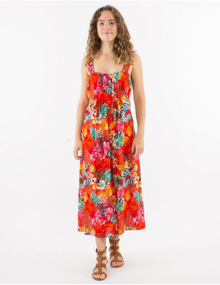 Robe midi à bretelles chic motif tropica