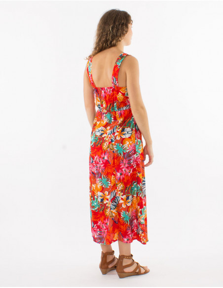 Robe midi à bretelles chic motif tropica