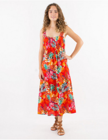 Robe midi à bretelles chic motif tropica
