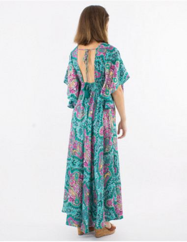 Robe longue dos nu carré imprimé bohème