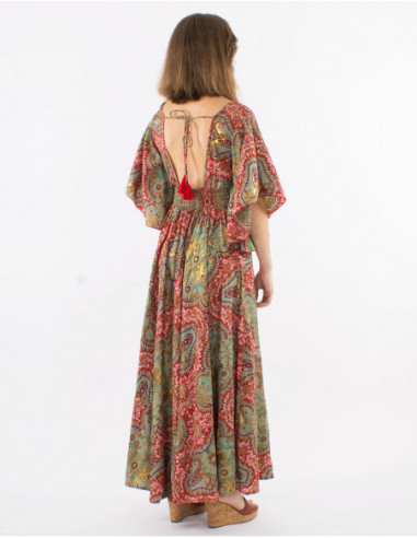 Robe longue dos nu carré imprimé bohème