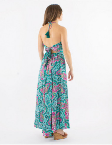 Robe longue dos nu motif cachemire