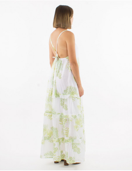 Robe longue dos croisé imprimé végétal