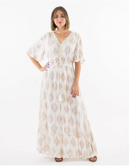 Robe longue ethnique brodée or et cuivre