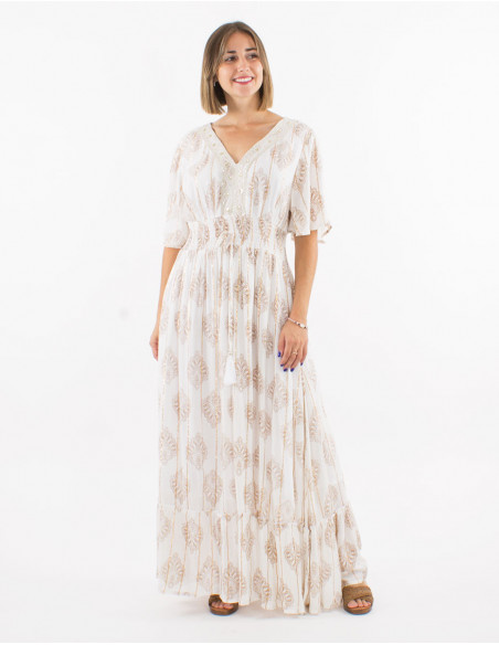 Robe longue ethnique brodée or et cuivre