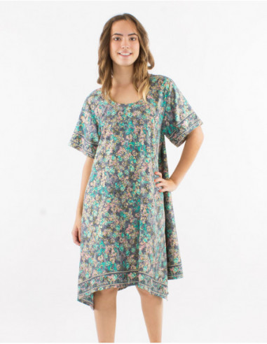 Fluid dress with golden pastel flowers