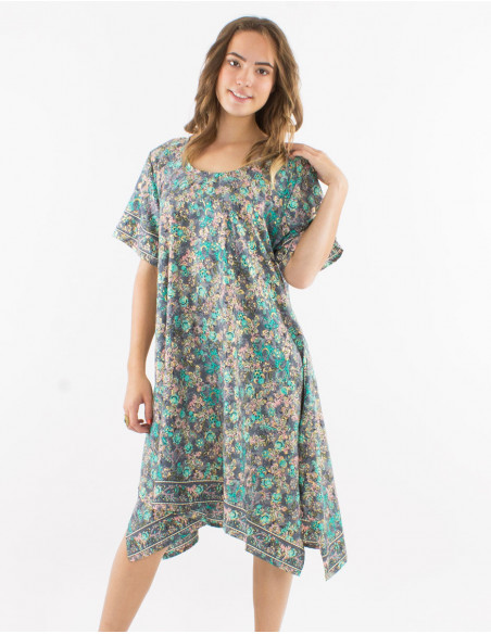 Fluid dress with golden pastel flowers