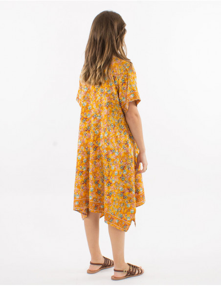 Robe fluide motif fleurs pastel dorées