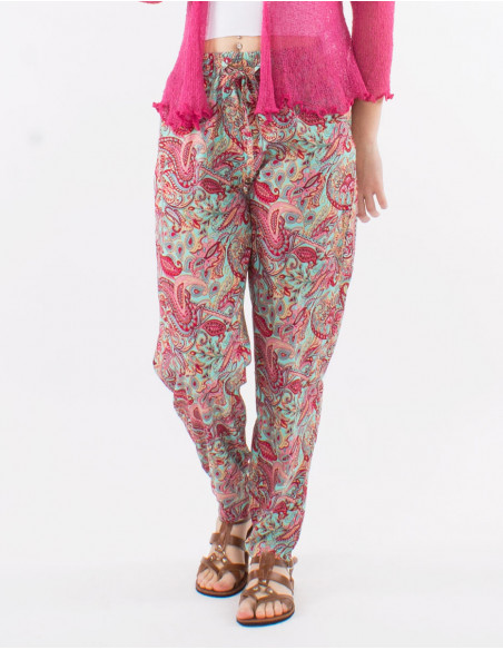 Pantalon droit boho fluide motifs dorés