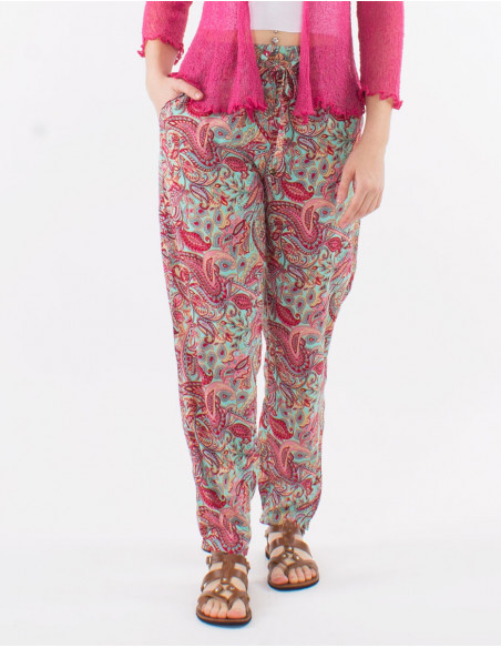 Pantalon droit boho fluide motifs dorés