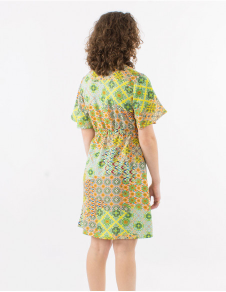 Patchwork patterns dress with Heart Neck