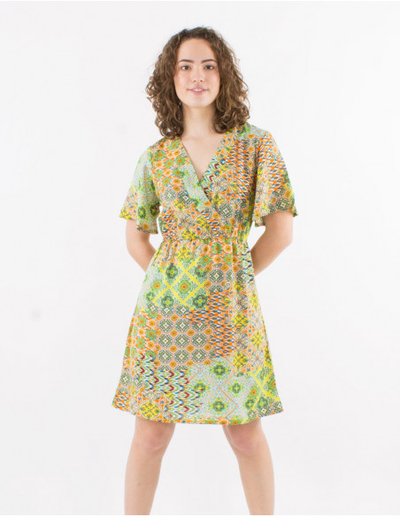Patchwork patterns dress with Heart Neck