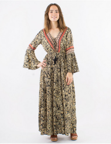 Black and gold long sleeve boho dress