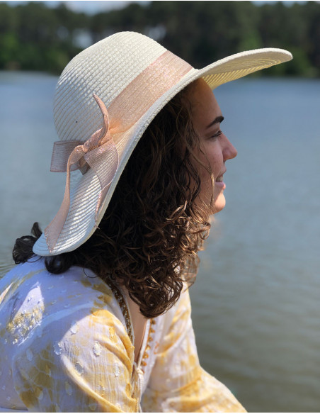 Chapeau blanc pour femme ruban marron