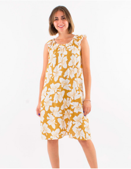 Floral summer short dress with linen