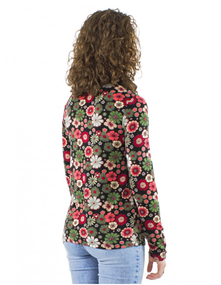 T-shirt col V motif 70's, avec boutons