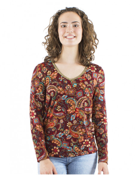 T-shirt motif cachemire col V doré