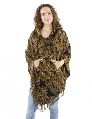 Poncho original motif à fleurs, capuche